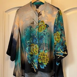Silk Blend Citron Blouse with Floral & Butterfly Print